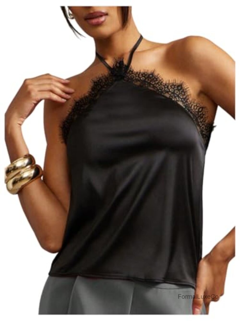 Satin Silk Lace Halter Tank Top Dressy Going Out Sleeveless Tie Back Scallop